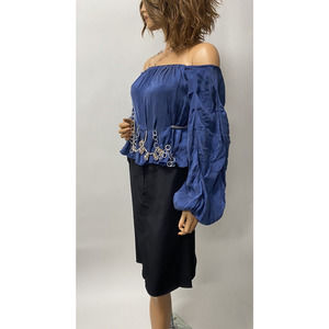 Fancy Top Size Small sustainable fashion Blue With Handmade Embroidery Chain
